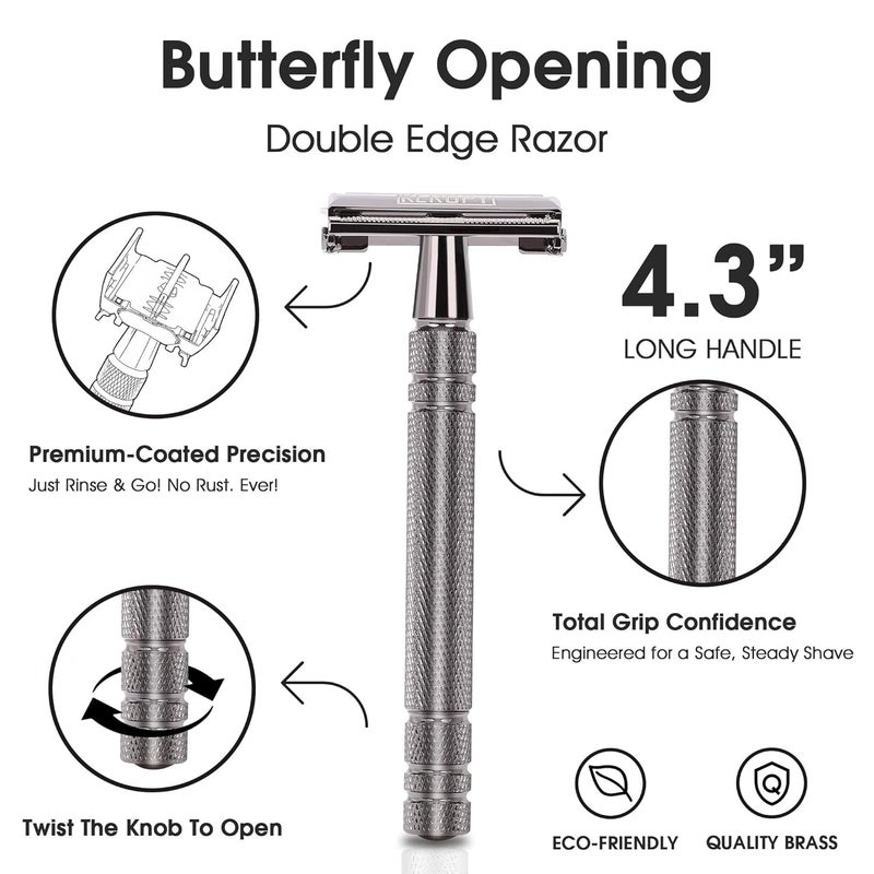 Keropy Double Edge Safety Razor for Men with 10 Blades, Butterfly Open Design for Close Shave - Eco-Friendly Metal Razor, Premium Gift for Dad, Husband - Modern Shaving Kit - Gloss Black - Image 3